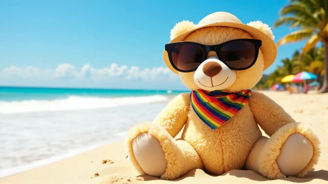 A stuffed toy bear wearing sunglasses sitting in the sand at a beach.