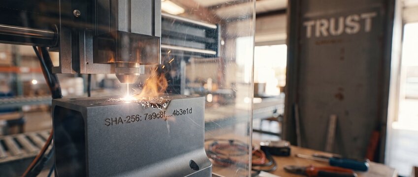 Laser engraving machine cutting metal block with cryptographic SHA-256 hash code in industrial workshop facility, accurate high-tech manufacturing process representing security, technology, and safety