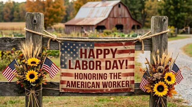 Labor day celebration rustic wooden fence with patriotic banner and autumn florals