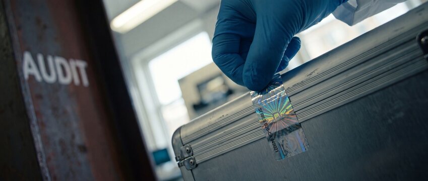 Holographic security seal metal briefcase being sealed by gloved hand for compliance audit, protecting confidential data and evidence in corporate investigation, ensuring chain of custody security.