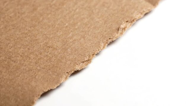 Minimalist brown kraft paper with rough torn edge sliding slowly across a clean white background