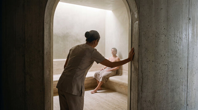 Discreet Spa Supervision Through Brutalist Steam Room Entrance