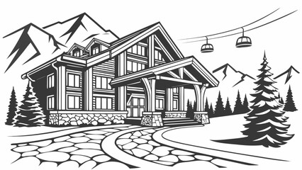 Black and white graphic of alpine mountain chalet and ski resort with mountain © TWINS