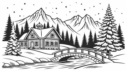 Naklejka premium Winter mountain cabin landscape illustration with mountain landscape seasonal