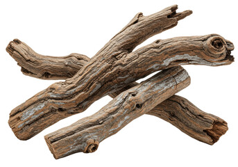 Fototapeta premium Three thick, highly detailed desiccated oak branches, gnarled and textured with fissures, captured in a sharp macro shot against infinite white studio backdrop, concept of resilience and natural decay