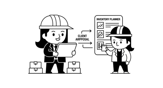 Two construction workers reviewing inventory plans together.