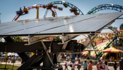 Fototapeta premium Roofmounted solar panels glistening under sunlight above roller coaster support beams focused panels with softly unfocused rides and visitors.