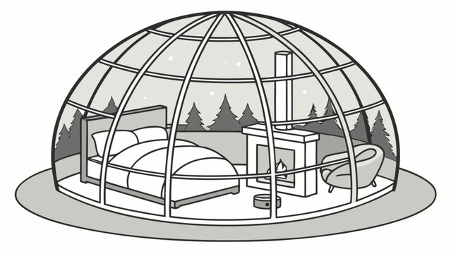 Isometric glamping igloo interior with fireplace and bed glamping interior
