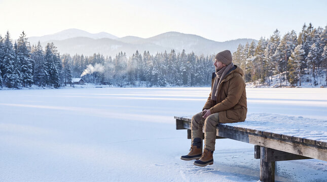 Winter Lakeside Pause On Remote Jetty Beneath Quiet Snowy Pines