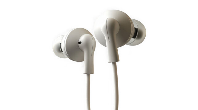 Headphones in white finish feature an ergonomic shape and dangling wires to highlight contemporary consumer electronics and personal audio solutions.