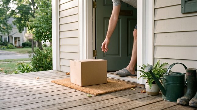 Resident Reaching For Parcel At Suburban Doorway In Morning Light
