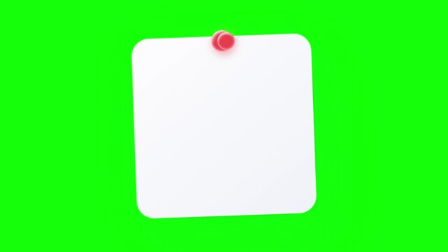 Sticky note blank white paper and red pushpin swinging on green screen
