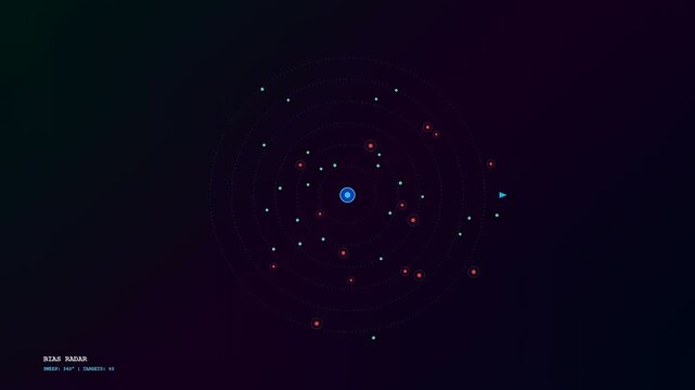A digital screen showcasing AI Bias Auditing as nodes emerge across a radar interface in a conceptual animation representing the algorithmic analysis of diverse data sets