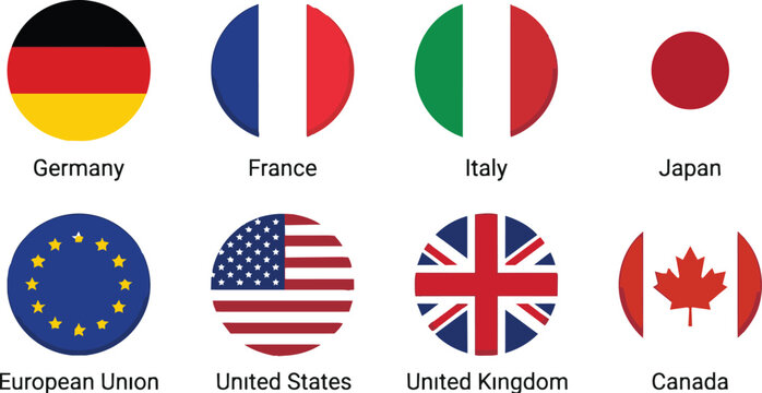Collection of eight prominent circular national flags and the European Union flag, including Germany, France, USA, and UK, isolated on white.