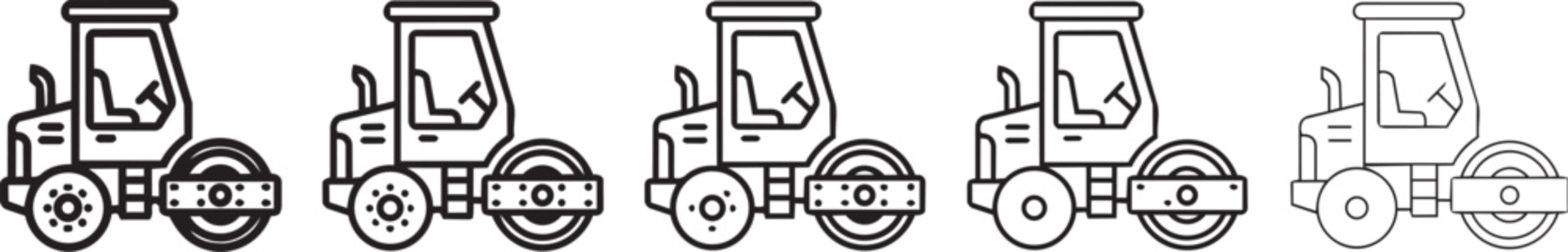 Five road roller icons with varying stroke weights for construction industry and heavy machinery design