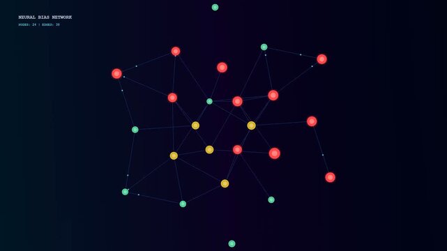 A sophisticated AI Bias Auditing sequence shows a dynamic digital neural network expanding through geometric nodes and data connections as the system learns and evolves over time