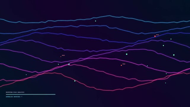 A digital screen showing AI Bias Auditing as data lines flow across a dark background while complex algorithms identify scattered statistical anomalies during a system scan