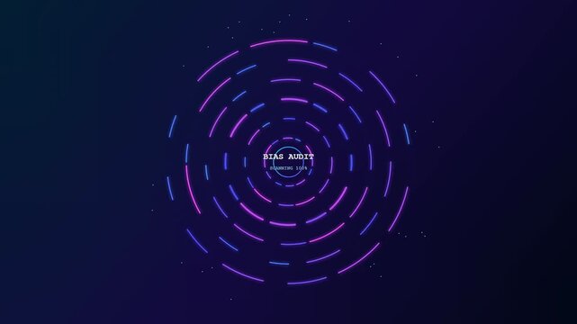 A digital AI Bias Auditing process displays circular neon scanning patterns on a dark backdrop representing data analysis and machine learning oversight in modern complex systems