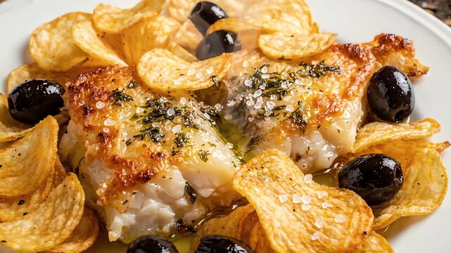 Top down view of traditional baked codfish served with golden potato chips and black olives on a clean white plate