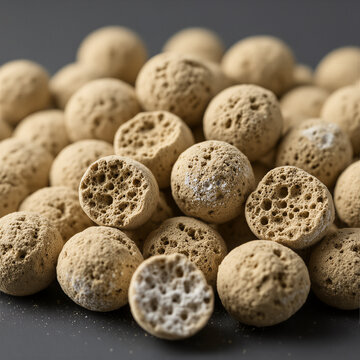 Close up cross section view of porous carbon adsorbent spheres displaying cellular microstructure for direct air capture and climate engineering applications