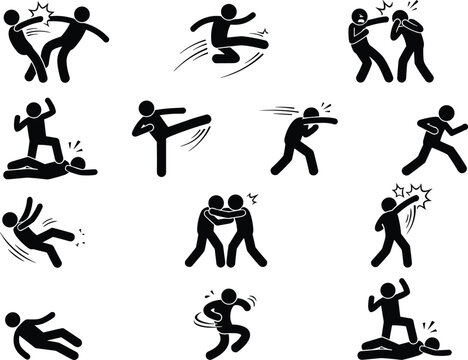 Martial arts combat silhouette collection, self defense action icons, fighting pose vector set, editable sports illustration bundle