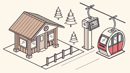 Isometric illustration of a ski resort gondola station and alpine lodge © Jani