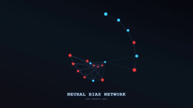 A digital AI Bias Auditing sequence shows interconnected data nodes forming complex geometric patterns as they undergo a systematic integrity check within a dark virtual network environment