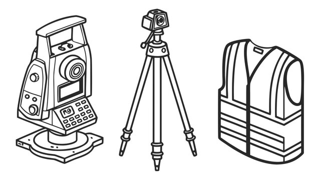 Surveying equipment total station tripod and safety vest graphic illustration