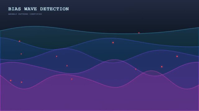 A sophisticated AI Bias Auditing animation displays digital wave patterns evolving over time with glowing nodes surfacing as the software identifies critical anomalies within complex data sets