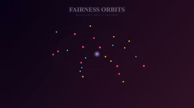 A digital AI Bias Auditing interface displays complex data orbits expanding and shifting as multiple colored nodes circle a central glowing core in a dynamic motion sequence