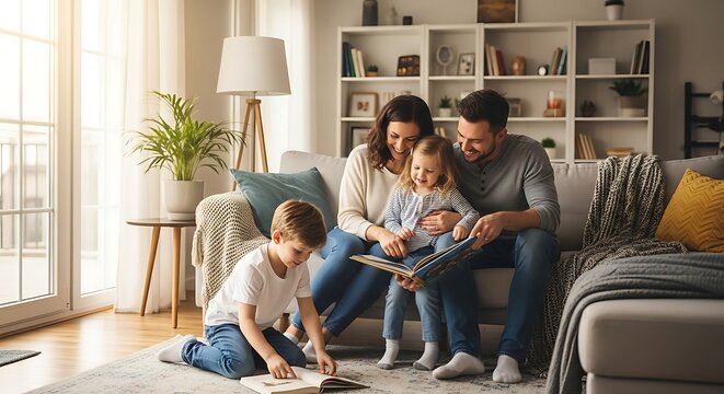 Family reading book together indoors cozy living room warm light