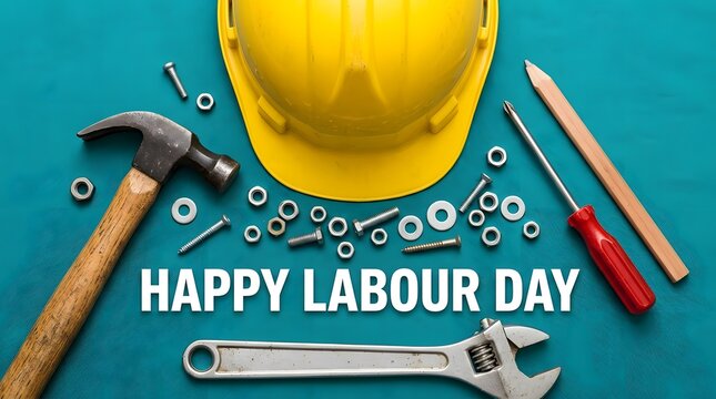 Happy labour day with construction tools and safety helmet flat lay