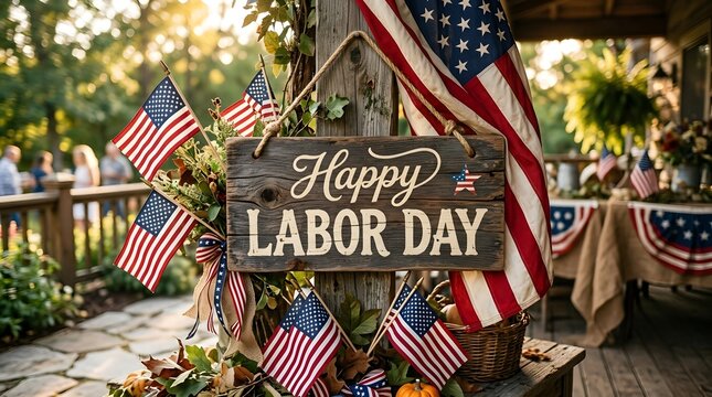 Happy labor day celebration with american flags and decorations