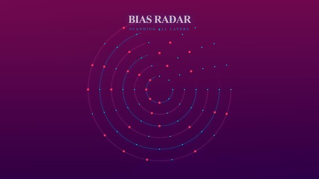 A digital AI Bias Auditing process displays circular scanning patterns that expand across a dark gradient screen while analyzing complex data layers in a technical sequence