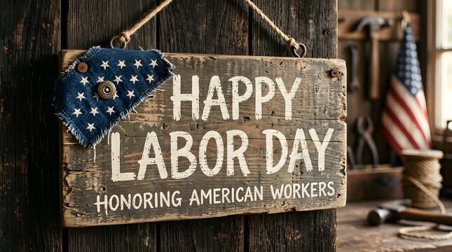 Rustic labor day sign with american flag decoration