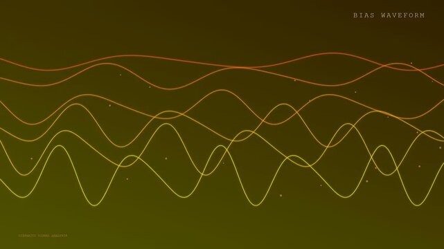 A digital AI Bias Auditing interface shows oscillating data lines shifting across three panels to visualize complex algorithmic anomalies during a sequence of automated software testing processes