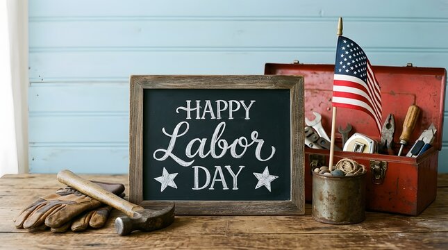 Labor day celebration with tools and american flag