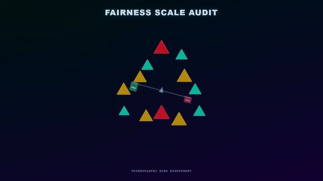 A digital AI Bias Auditing process displays a glowing balance scale fluctuating amidst floating geometric shapes to illustrate algorithmic fairness and automated software logic system evaluation.