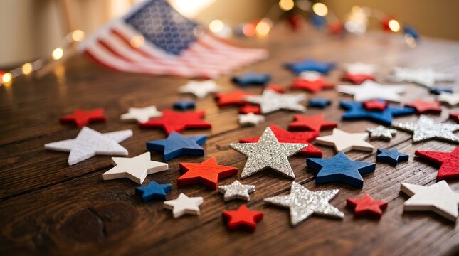 Patriotic star decorations on wooden table with american flag
