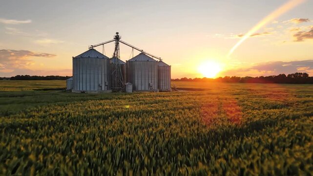 Cinematic drone shot of silver grain silos standing in a lush green wheat field during a golden sunset with warm lens flares