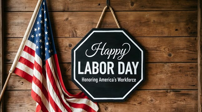 Labor day greeting with american flag and rustic wooden backdrop