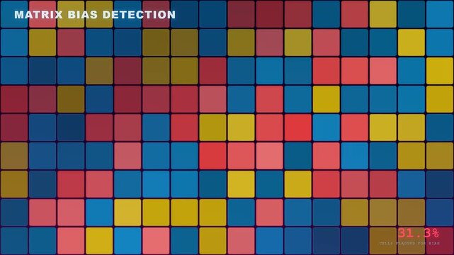 A digital screen visualization showcasing AI Bias Auditing processes where complex grid arrays shift through vibrant colors to represent statistical data analysis in a technological environment