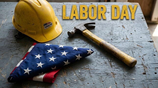 Labor day celebration with hard hat hammer and american flag