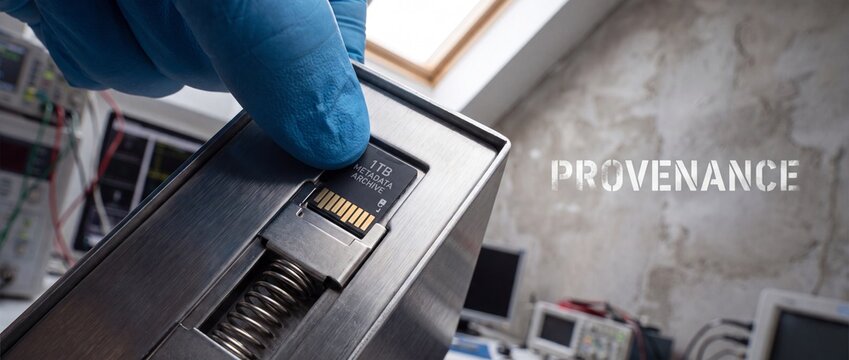 Metadata micro SD memory card inserted by gloved hand into secure hardware reader device in a high-tech laboratory setting representing digital forensics, data recovery, and security archiving.