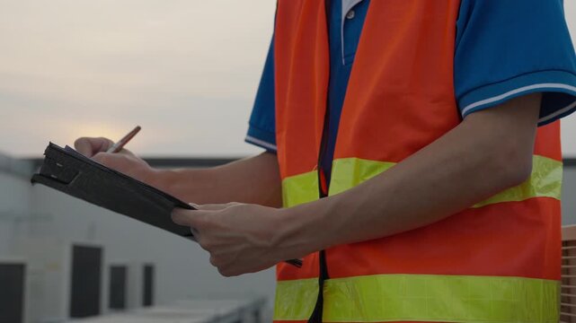 inspector or engineer is inspecting construction and quality assurance new house using a checklist. Engineers or architects or contactor work to build the house before handing it over to the homeowner