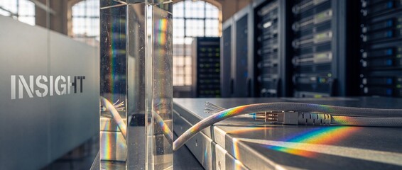 Naklejka premium Fiber optic cable server room data transmission glass prism reflecting rainbow light spectrum in modern network technology center with computer server racks for cloud storage and digital connection.