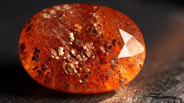Close up of a natural unpolished sunstone gem featuring vibrant orange hues and metallic copper flecks as light sweeps across
