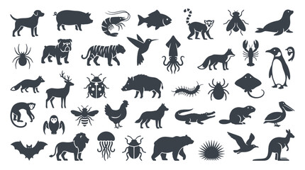 Obraz premium Large set of various wild and domestic animal silhouettes icons on white background, representing wildlife diversity, provides graphic elements for educational content and branding logo design