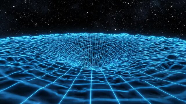 Digital simulation of a luminous blue grid expanding and contracting across a dark horizon to represent temporal gravity and spacetime curvature