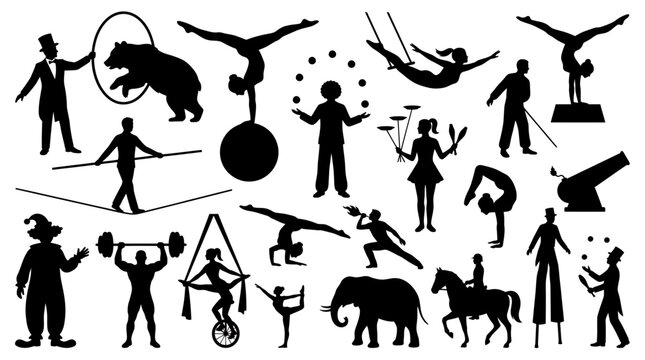 Circus performers and trained animal silhouettes set including acrobats, clowns and jugglers, illustrating festival entertainment and representing creative show performance arts